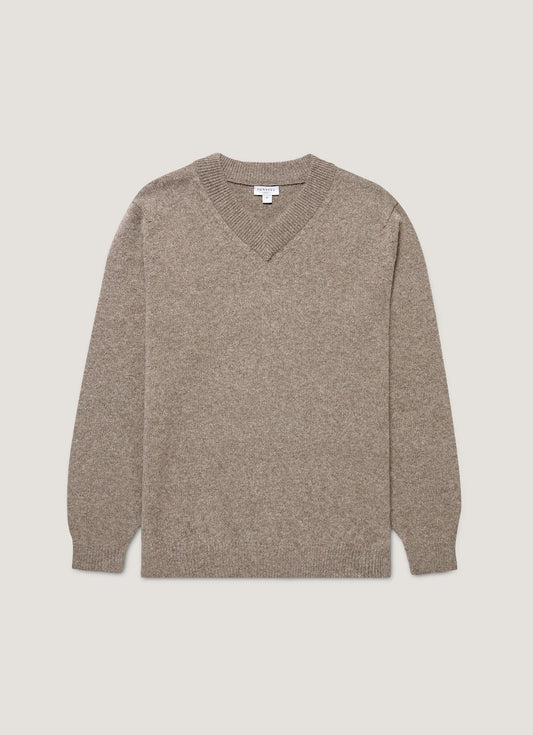 Men's Lambswool V-neck Jumper in Bark