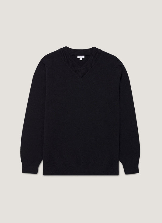 Men's Lambswool V-neck Jumper in Dark Navy Mouline